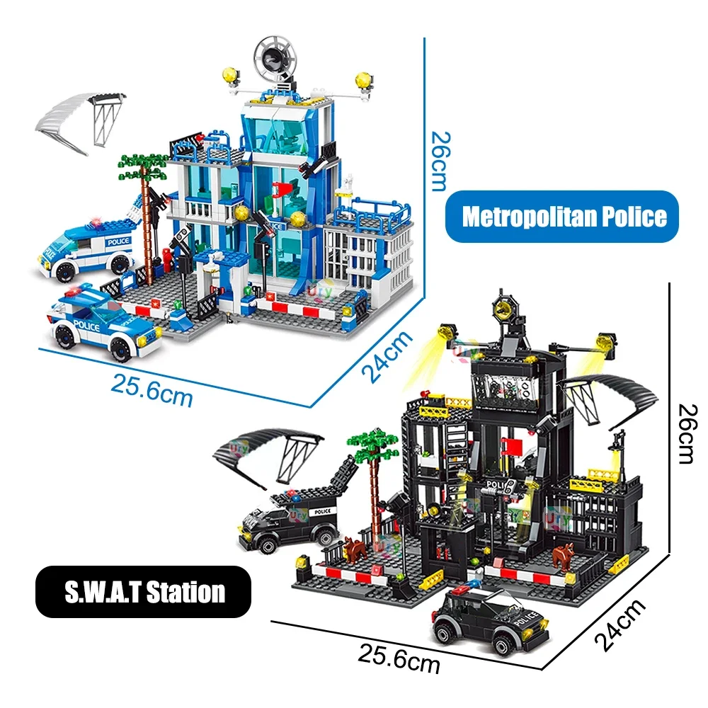 SWAT Police Station Military City Model Set Prison Car Policeman Boat Figures Model Building Blocks DIY Toy for Kids Boys Gifts