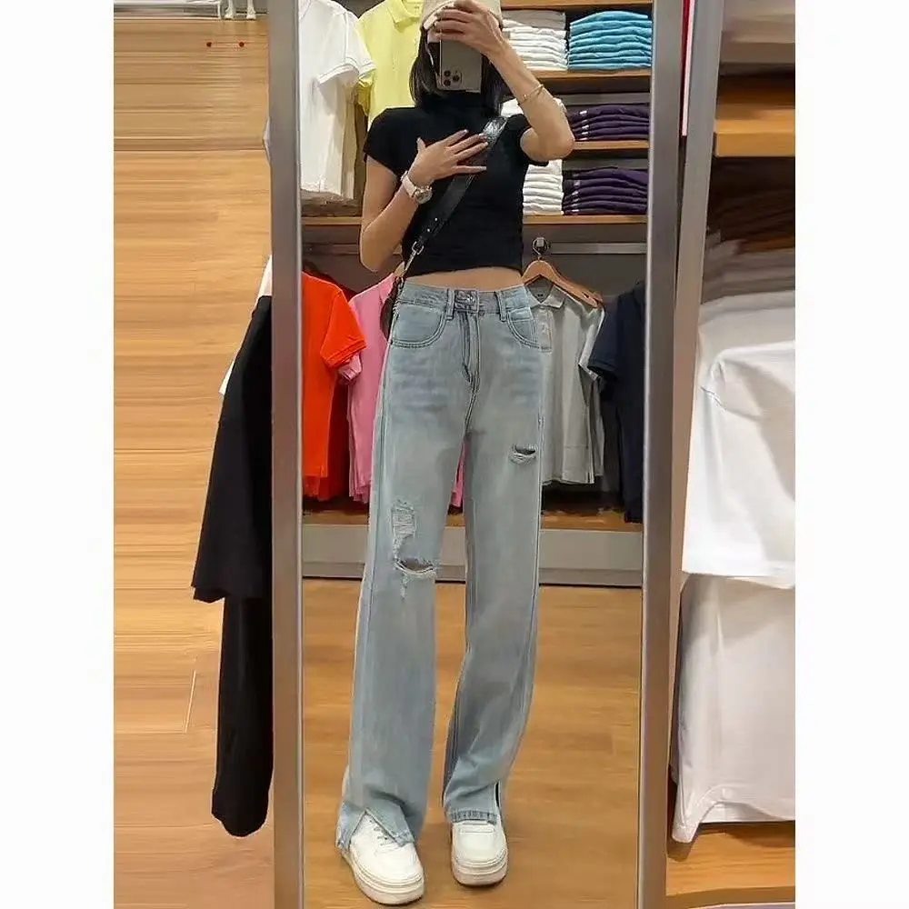 

High Waist Slim Fit Denim Jeans Women's Spring Autumn Loose Straight Wide Leg Long Trousers New Arrival Casual Cotton Polyester
