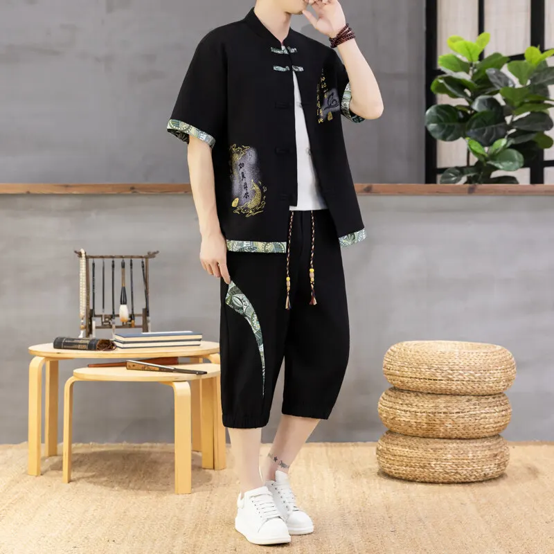 

Summer New Fashion Trend Printed Ice Silk Breathable Short-Sleeved Shirt Set Men's Loose Sport Large Size Two-Piece Set M-5XL