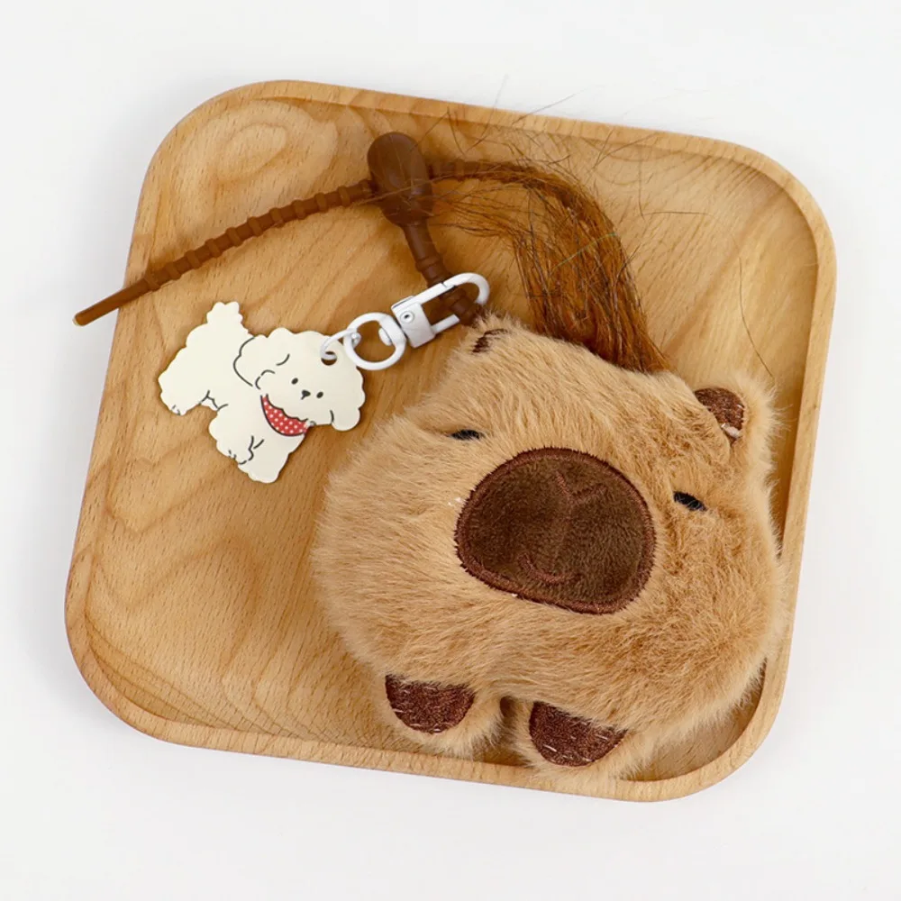 Cabelo longo espremer capivara pingente com chaveiro de cachorro brinquedo de pelúcia rangido capivara boneca chaveiro macio espremer capivara chaveiro