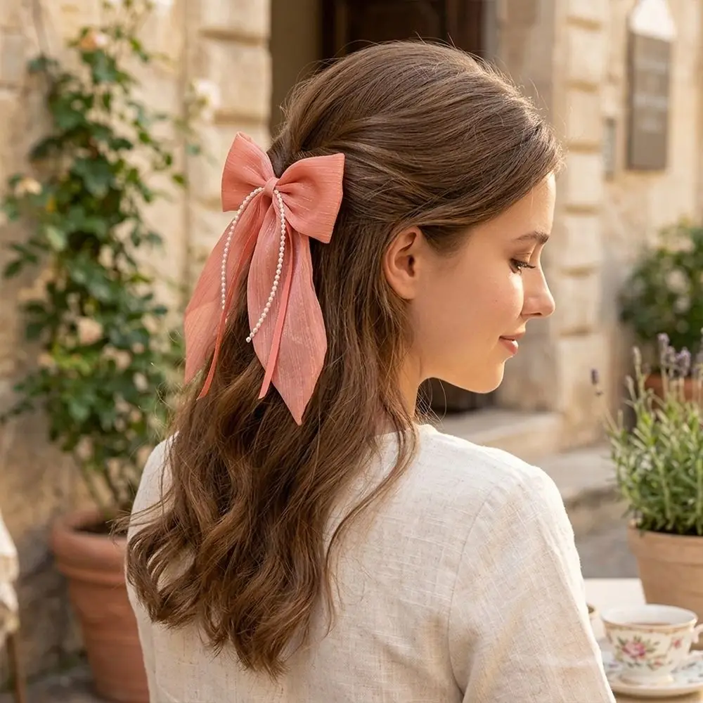10/12Pcs Mesh Pearl Chain Kids Hair Clips Set Big Bow Shiny Bowknot Hairpin Versatile Simple Bows Headdress