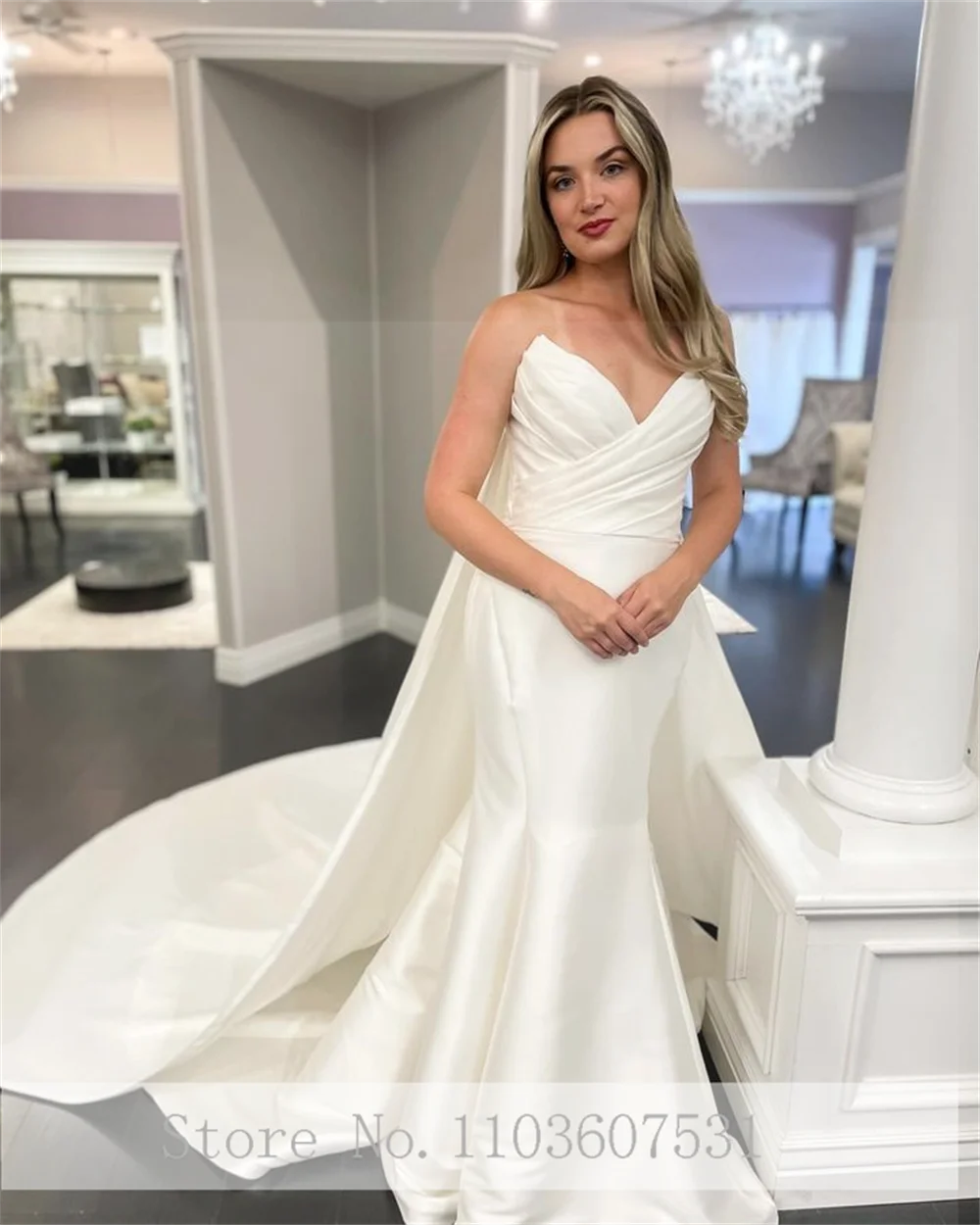 Modest Off the Shoudler Pleated Wedding Dress with Detachable Puff Sleeve and Court Mermiad Satin Wedding Gown vestidos de novia