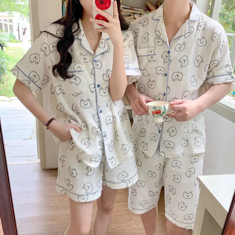 Ins cute bear cotton couple pajamas men and women summer short-sleeved shorts Korean version of homewear two-piece suit