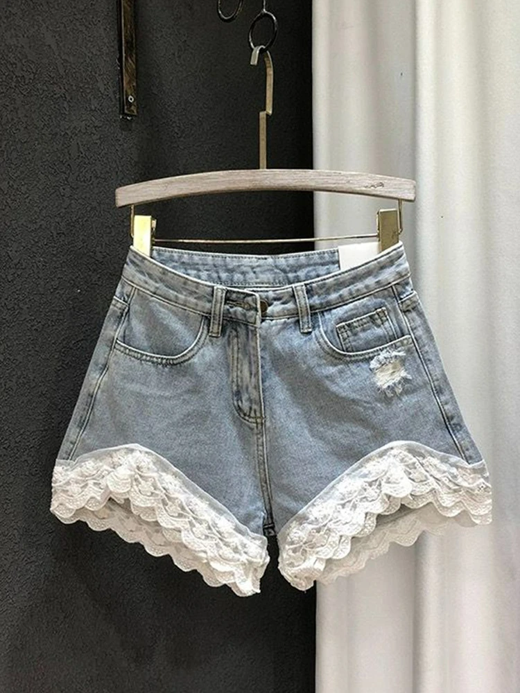 Retro European Korean Loose Slimming Design Splice Lace Wide Leg Jeans orts Women Summer New Sle Casual High Waist ort ...
