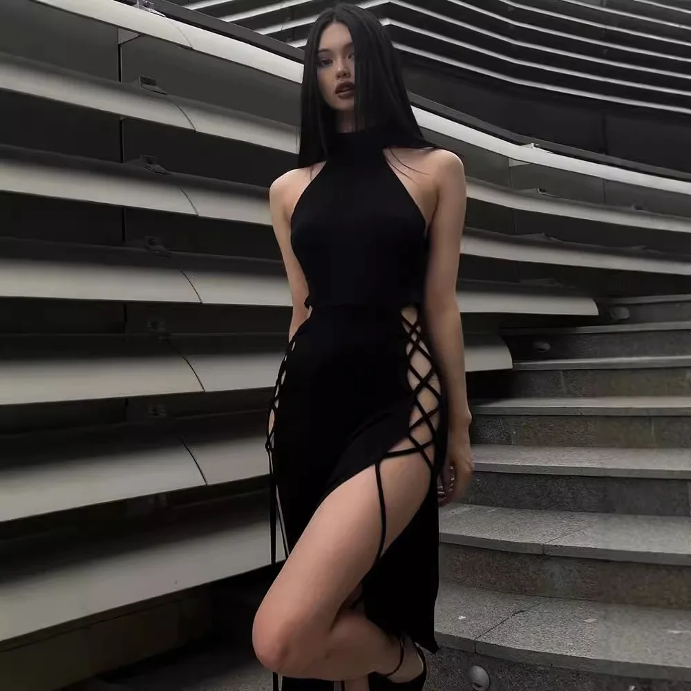 

Halter Lace Up Gothic Long Dress Women Cut Out Side Sleeveless Double Slit Bodycon Tank Black Dress Sexy Club Outfit Party Dress