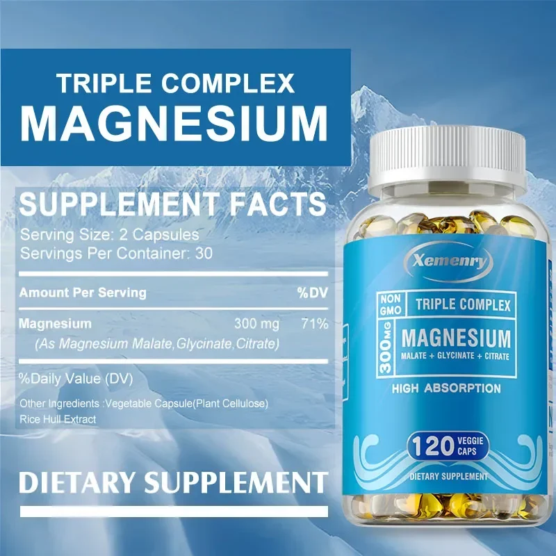 Triple Magnesium Complex - Energy Production, Positive Mood, Soothes Nerves, Improves Sleep, Supports Bone and Heart Health