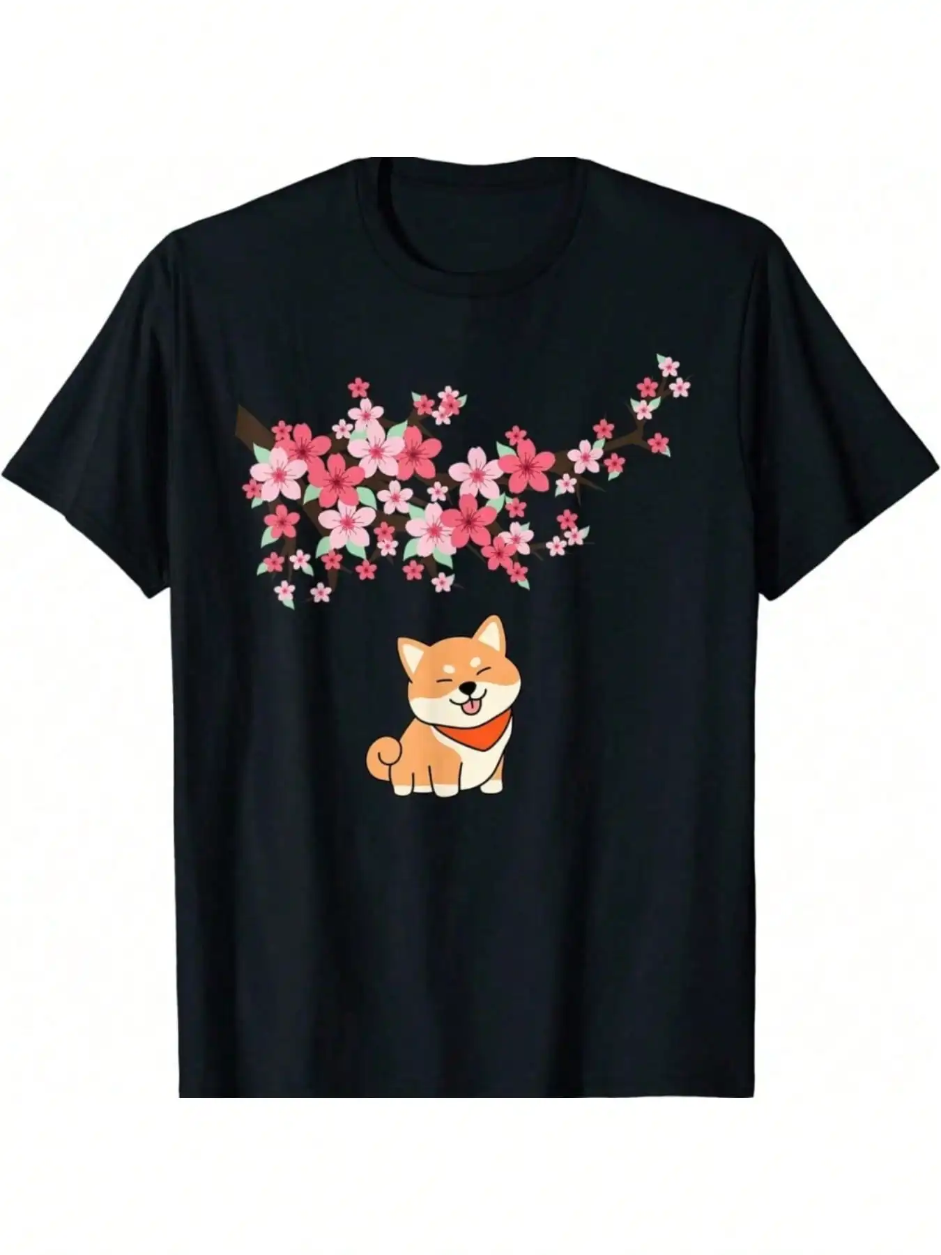 تي شيرت KeoStore Shiba Inu & Cherry Blossom - تصميم لطيف على شكل كلب ساكورا، مقاس عادي، قطن، رقبة دائرية، مثالي للنزهات غير الرسمية