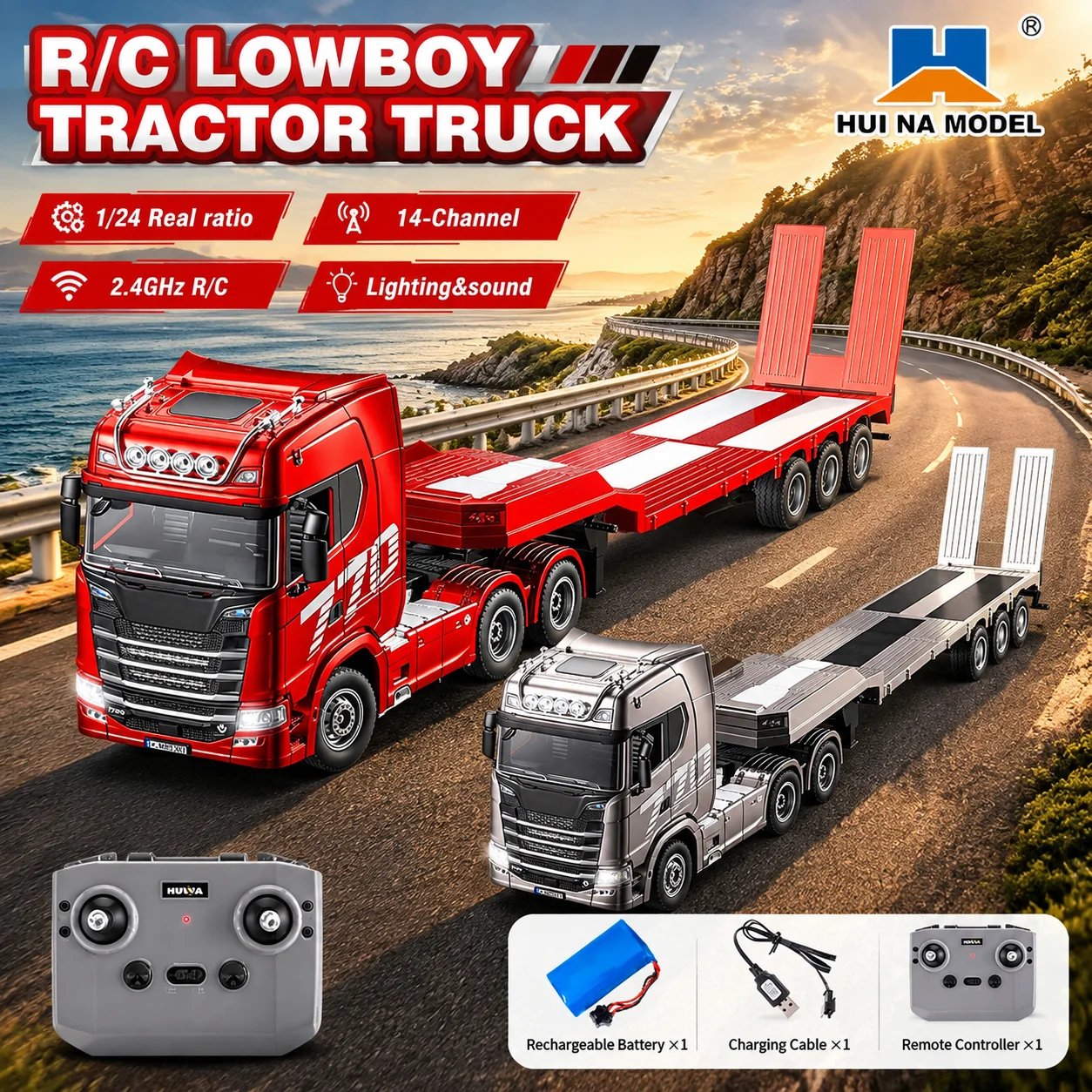 HUINA 1302A 770S RC Semi Trailer Truck 1/24 14CH RC Flatbed Tractor With Trailer Sound and Lights Engineering Car Model Toys