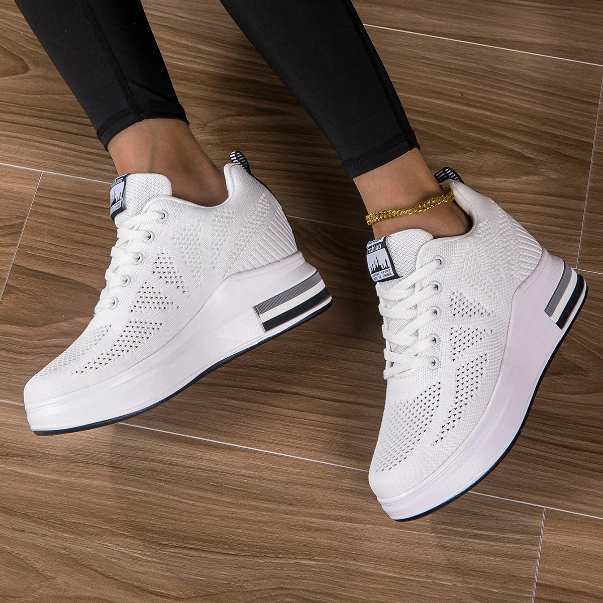 Women Height Increasing Shoes Fashion Comfortable Outdoor White Breathable Mesh Sneakers 2024 New Female High Platform Shoes