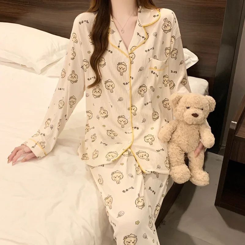 Kawaii New Chiikawa Usagi Female Pajama Sets Cartoon Animation Girls Long Sleeve Long Pants Pajamas Casual Home Clothes