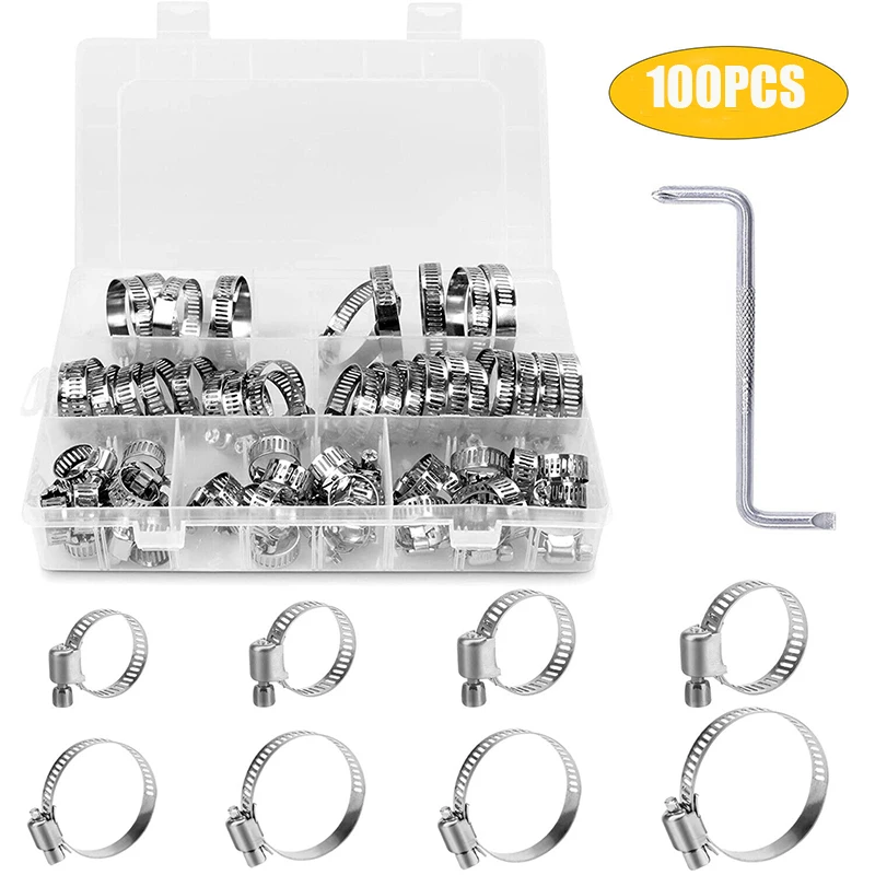 

101pcs Stainless Steel Drive Hose Clamps 8-44mm Adjustable Fuel Line Worm Clips Hose Clamps Clips Cooling System Accessories