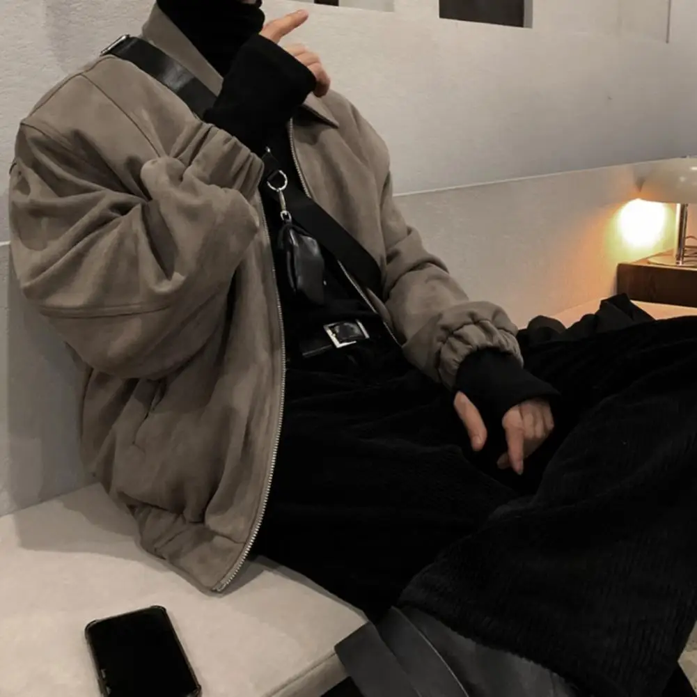 

Solid Color Men Jacket Stylish Men's Lapel Zipper Jacket with Pockets Casual Outwear Coat for Men Solid Color Loose Fit Long