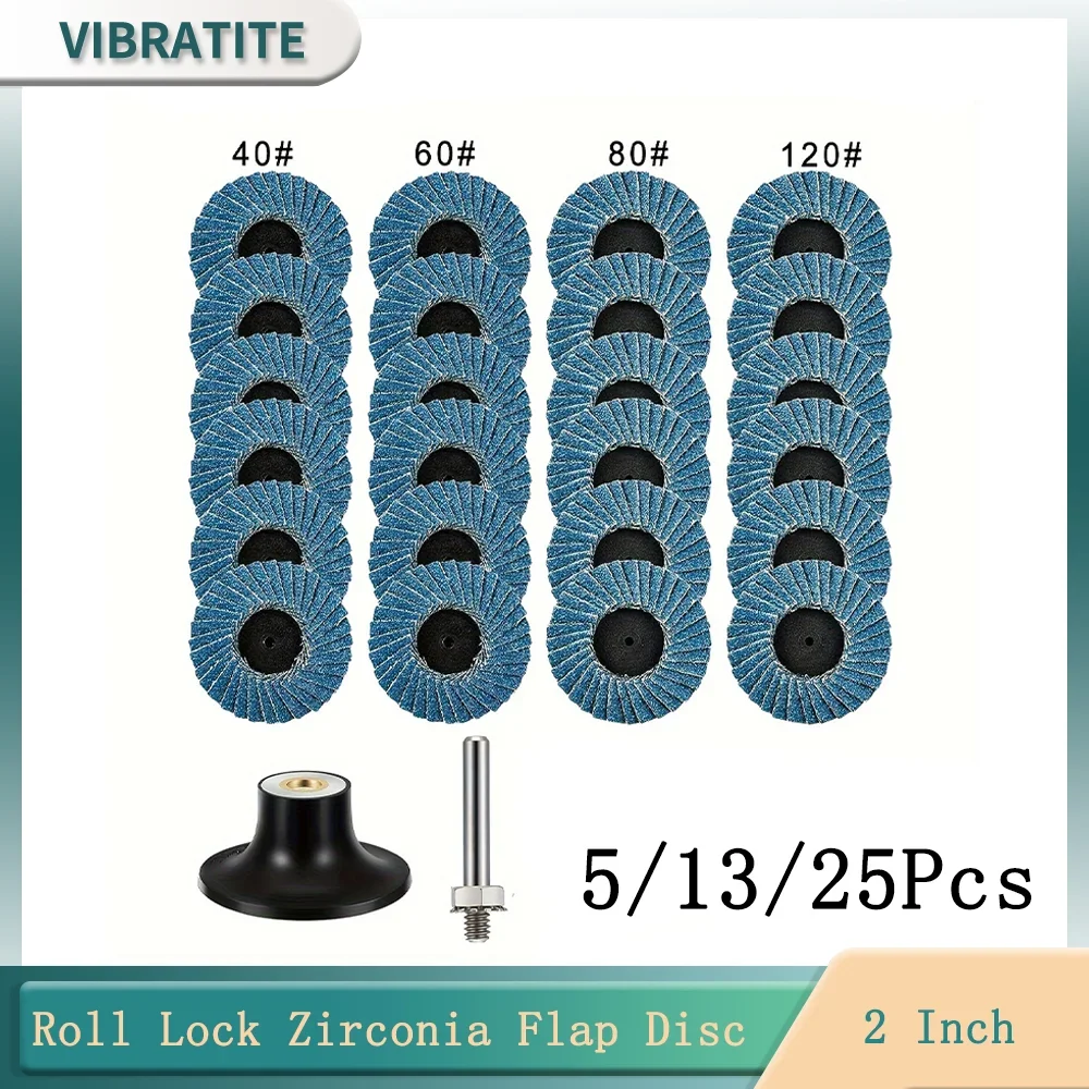 5/13/25Pcs 2-inch Roll Lock Zirconia Flap Disc Set 40/60/80/120Grit for Grinding Polishing with Burrs Rust Removal Paint Removal
