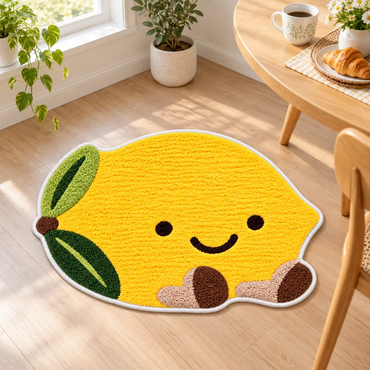 Cute Smiling Lemon Shaped Area Rug, Floor Mat for Kitchen, Dining Room, Cafe Entryway and Cheerful Home Decor Gift