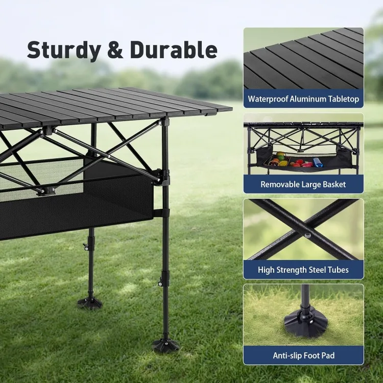 Camping Table Folding Outdoor Table with Adjustable Height, Large Storage Bag and Carrying Bag, Portable Aluminum Table