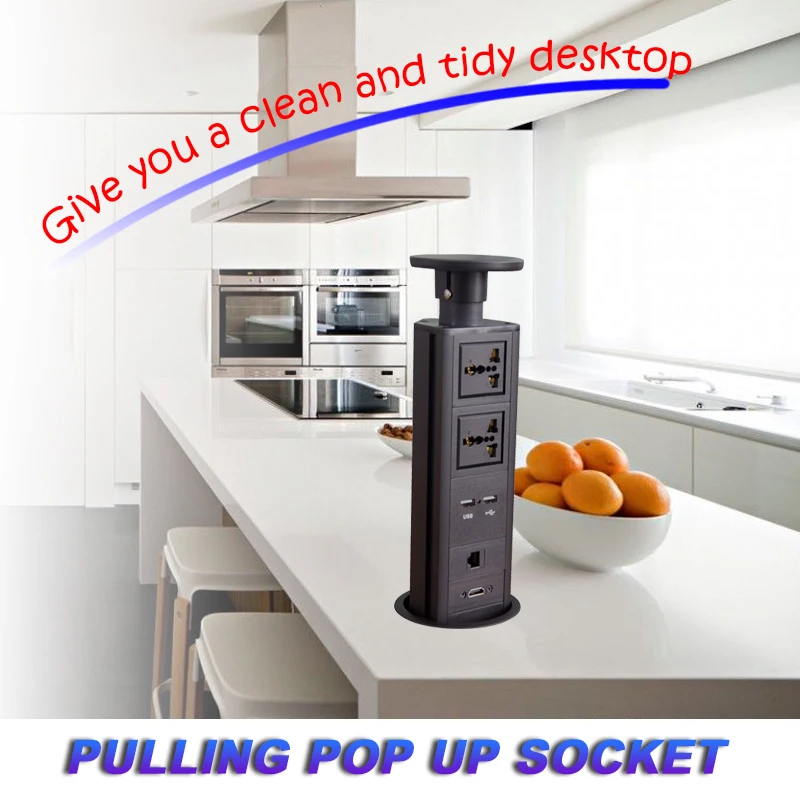 Promotion Universal Pulling Kitchen Pop Up Embedded Socket With 2 Power Plugs 2 USB Charger RJ45 HDMI With UK Plug