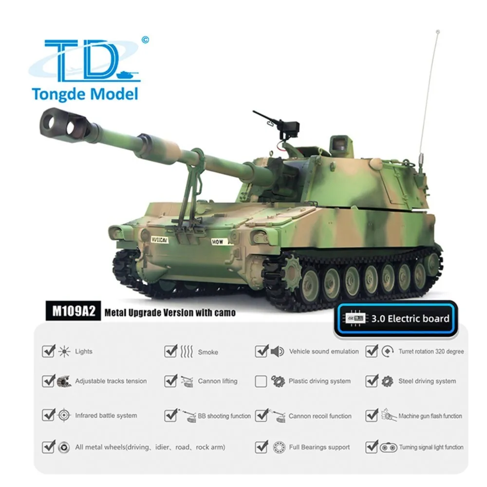 RTR 1/16 Carro Armato Da Battaglia Militare M109A2 RTR Tongde Modello Autopropulsado BB Veicolo Da Combattimento Di Infanzia Suono Leggero Fumatori Giocattolo Panzer