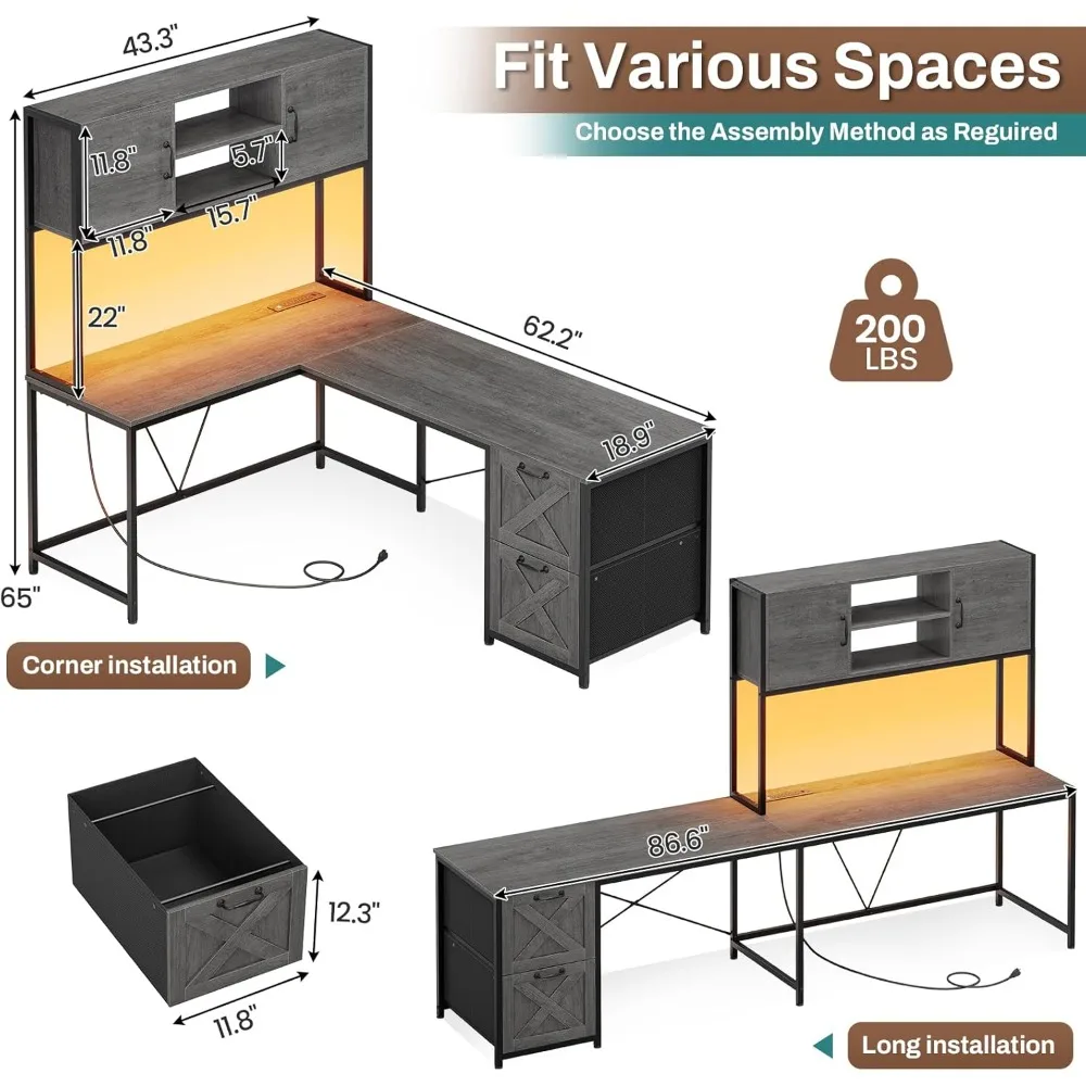 L-shaped game table, reversible computer table with fabric drawer and power outlet with LED lights, handle