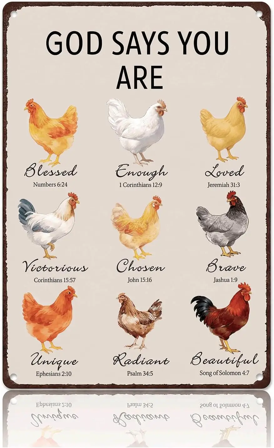 Christian Chicken Tin Sign Bible Verse  , Watercolor Rooster “God Says You Are” Metal Wall Decor, Religious Encouragement Gift f