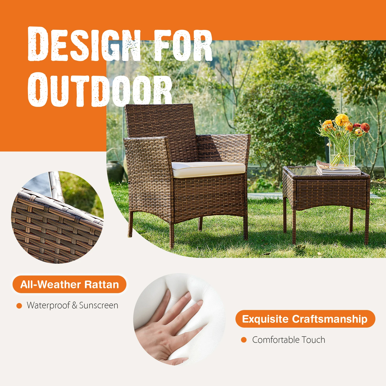 JHK Outdoor Patio Furniture Set 3 Pieces with Soft Cushion and Glass Table Manual Weaving Wicker Rattan Patio Chairs For Garden image 4