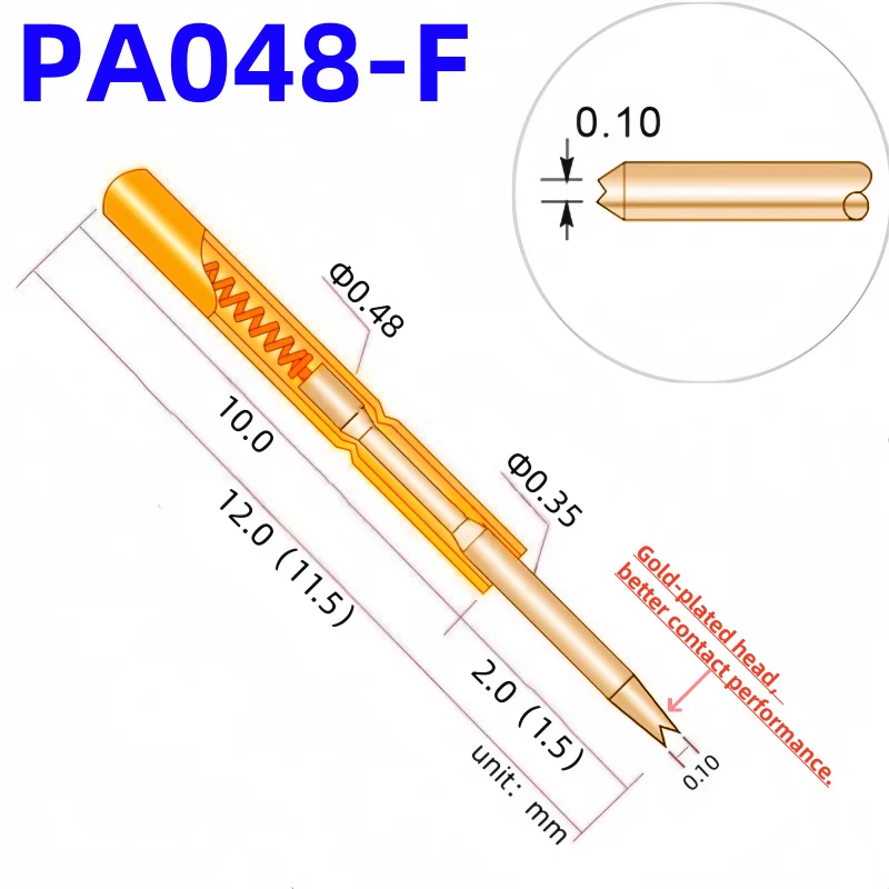 20/100PCS PA048-F1 Spring Test Probe PA048-F Test Pin Test Tool 12mm 0.48mm Gold Needle Tip 0.35mm Pogo Pin P048-F P048-F1