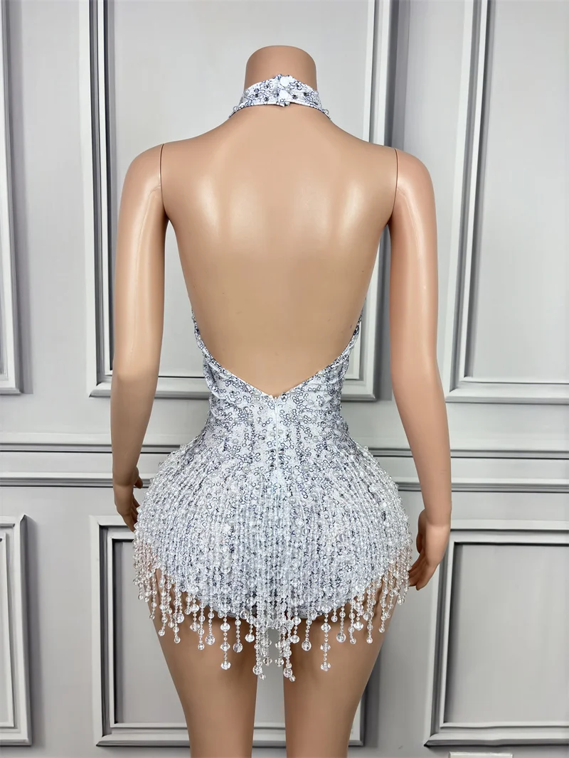 Pearls Rhinestones Crytrals Tassels Sexy Backless Sheath Bodysuit Evening Party Nightclub Dancer Perfprmance Costume Stage Wear