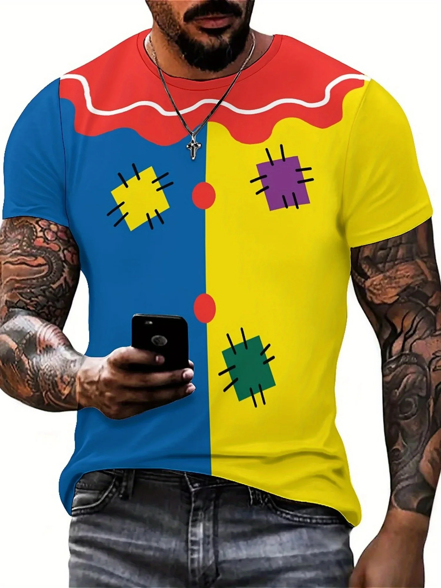This 3D Print T-Shirt Features a Creative Clown Design with a Colorful Pattern, Complete with a Fake Bow Tie