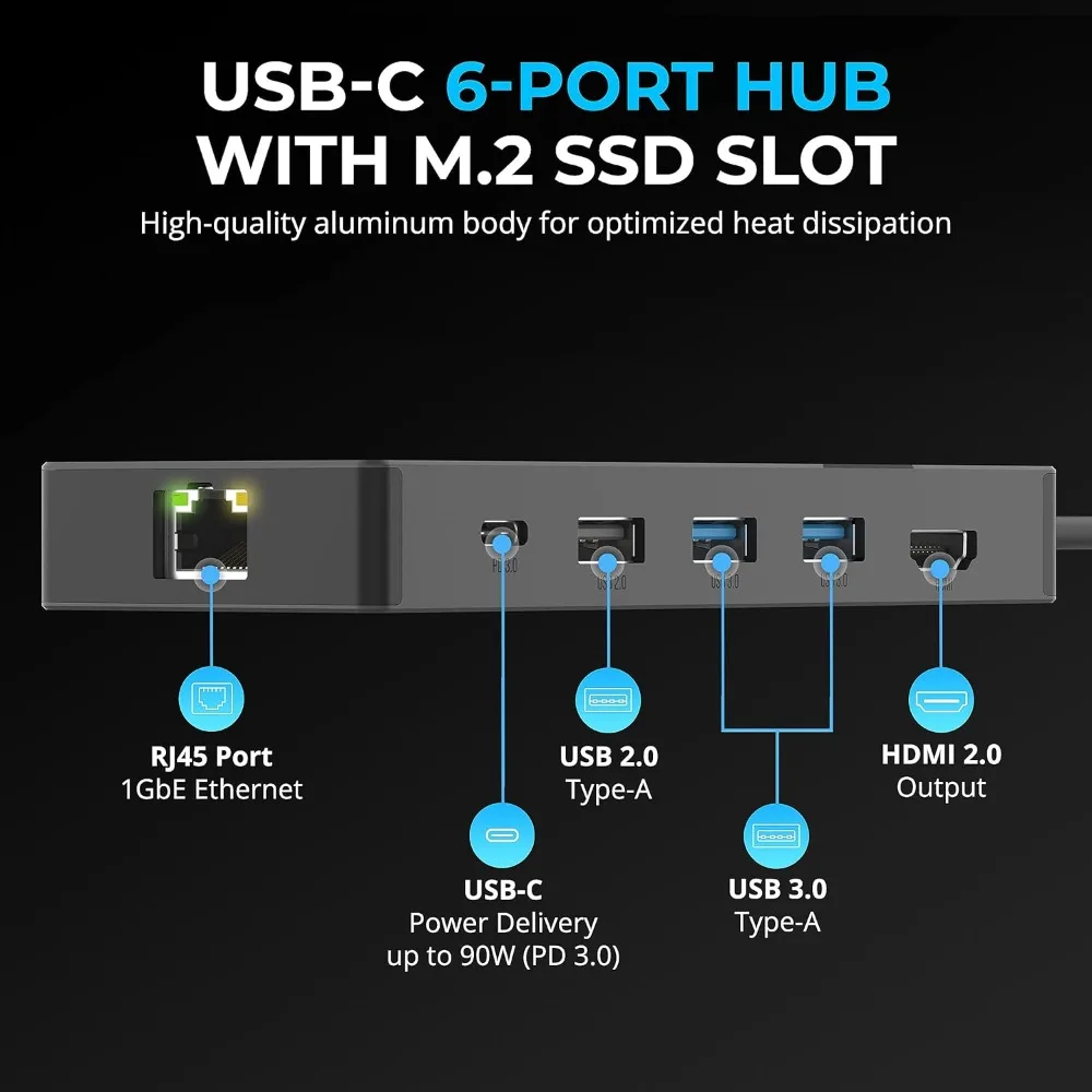 محور USB-C ذو 6 منافذ مع حاوية M.2 SSD، 90 وات PD، منافذ USB 3.0/2.0، 4K HDMI، RJ45 جيجابت إيثرنت