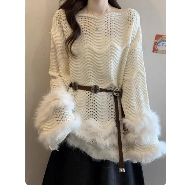 المرأة متماسكة سترة طويلة الأكمام الجوف خارج مربوط الخصر فروي تقليم بلوزة فضفاضة #1