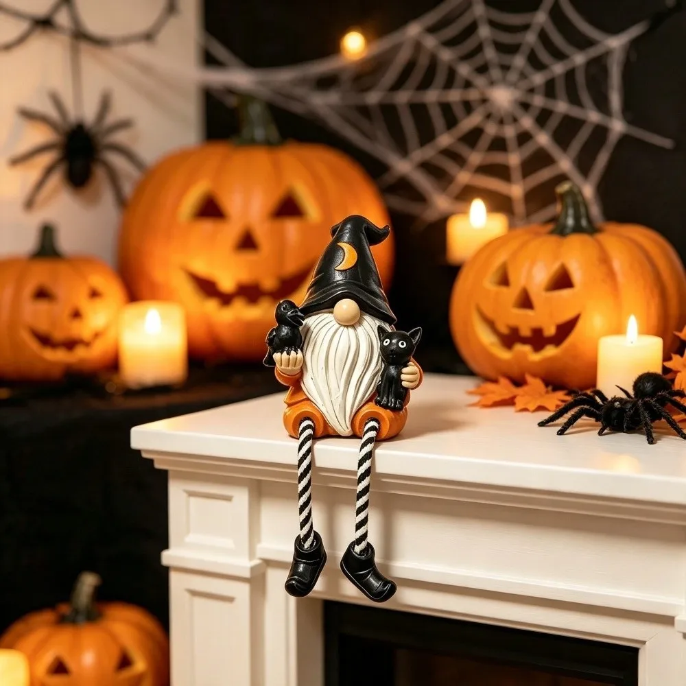 Hand-Painted Halloween Gnome Shelf Sitter Resin Pumpkin Crow Black Cat Gnome Figurine Striped Legs Spooky
