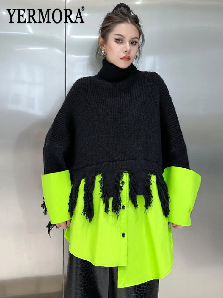 

YERMORA Black Tassel Patchwork Knitting Pullover For Women Turtleneck Long Sleeve Loose New Sweater Fashion Autumn Winter 2025