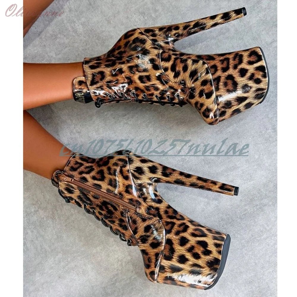 20CM/8inch High Heels Ankle Boots Sexy Leopard Print Lace-up Stiletto High Heel Pole Dance Performance Stage Sexy Women Shoes