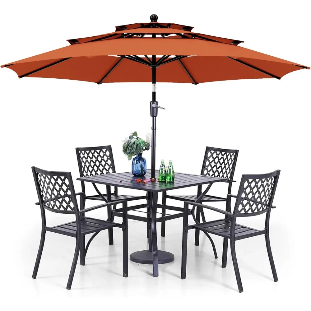 Outdoor Dining Set 6 PCS with Round Umbrella(Orange Red),1 Square 37