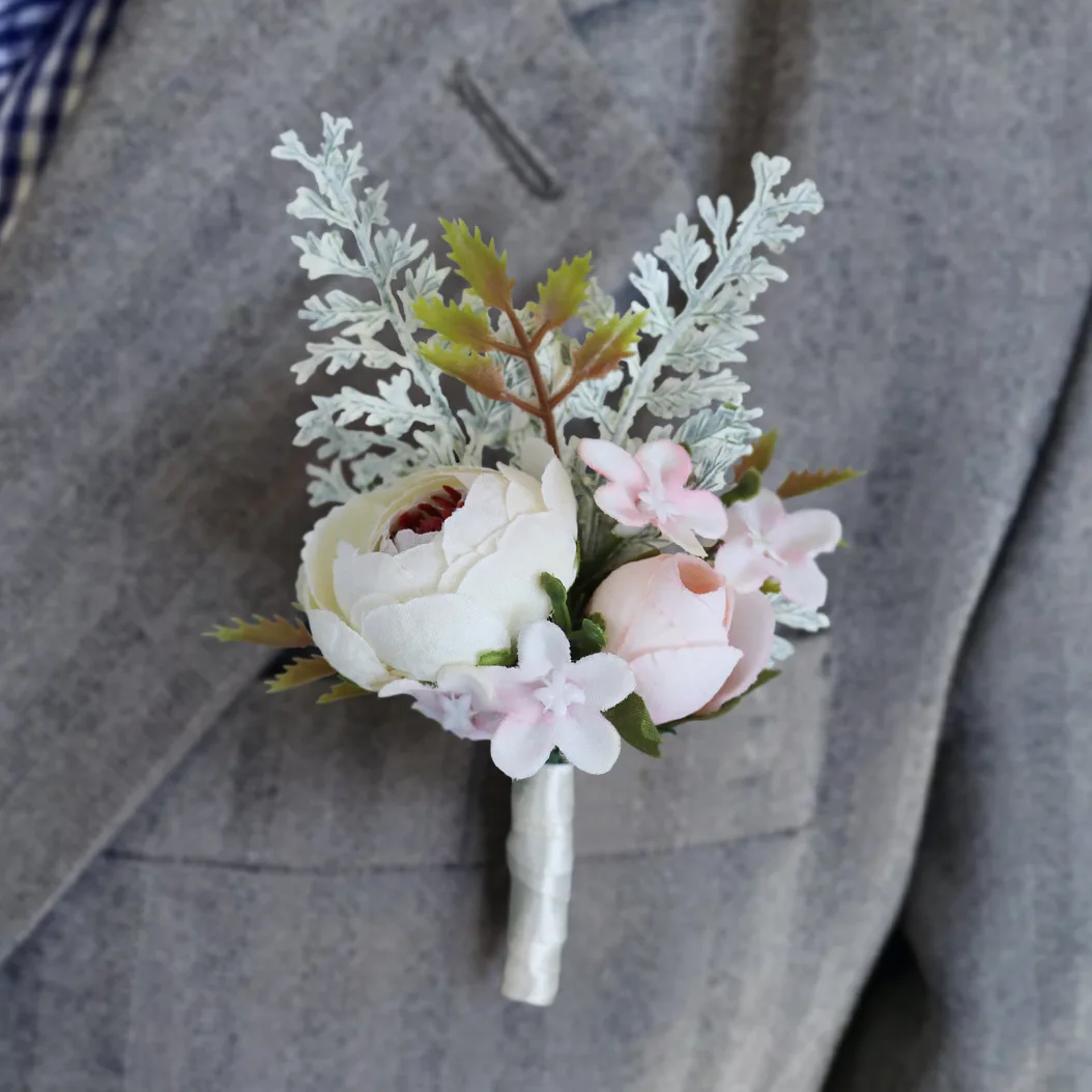 Corsage criativo do casamento do estilo da floresta, lapelas do noivo e da noiva, groomsmen convidados do banquete do casamento