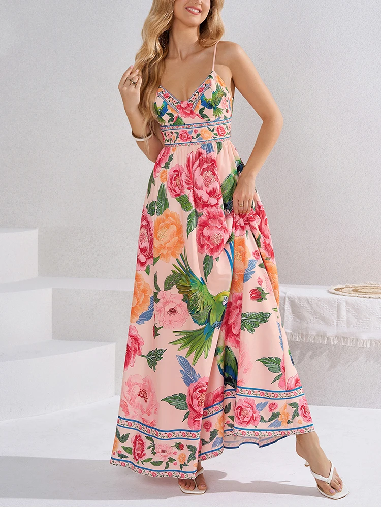NewAsia Boho Floral Parrot Print Maxi Dress for Women Spaghetti Strap V Neck Backless Bow Long Dress Summer Casual Party Dresses - view 5