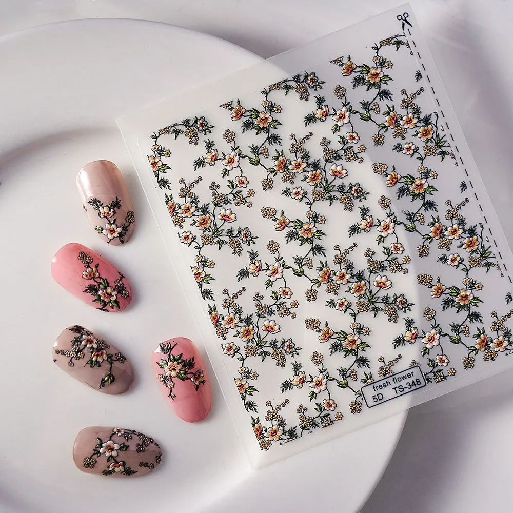 화이트 재스민 네일 스티커 진주 5D 엠보싱 자체 접착 네일 아트 스티커, 장미 꽃, 복숭아 꽃, 절묘한 네일 아트 데칼