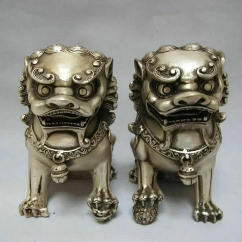 

Details about Chinese Tibet silver carved guard Foo Dogs Lion pair statues