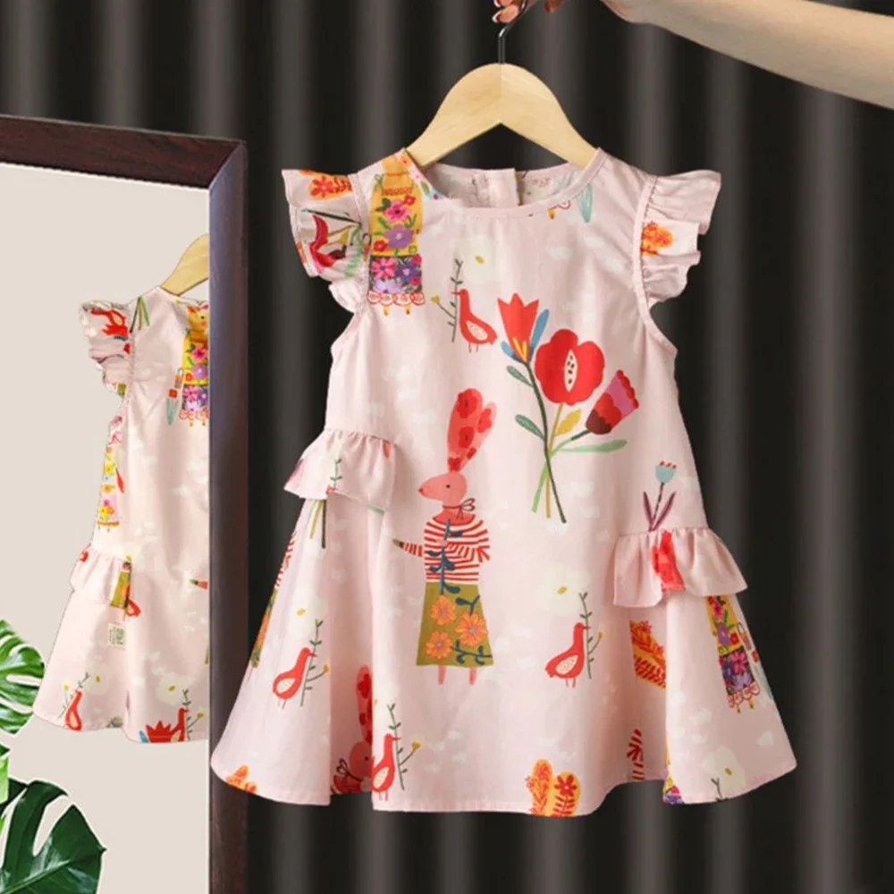 Menoea Girls' Dress Summer New Sweet Round Neck Flying Sleeve Flower Print Dress Girls' Fashion Dress Children's Clothing