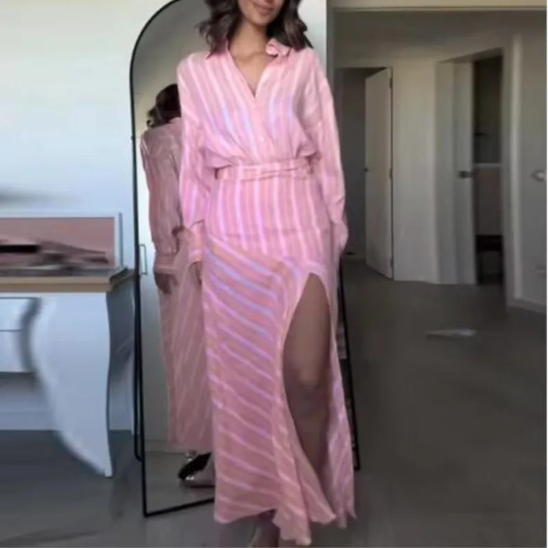 

Women's Striped Skirt Set Spring Fashion Lapel Collar Long Sleeve Loose Shirts Side Zipper Splicing Midi Skirts Casual Outfits