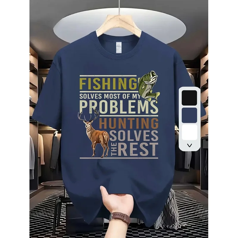 Men's T-shirt, Fun 'Fishing Hunting Problems Solved Printed T-shirt, Men's Short Sleeve T-shirt, Regular Casual Daily Men's Top,