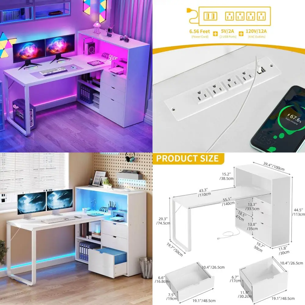 

L-Shaped Corner Desk with Drawers, 55 Computer Desk with Bookshelf, Power Outlets, and LED Lights for Home Office Storage