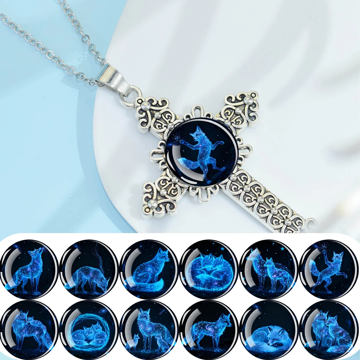 1PC Blue Glowing Fox Patterned Dome Glass Embedded in Cross Pendant Necklace, Holiday Gift, Birthday Gift