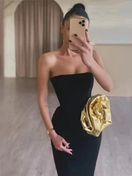 Sexy Strapless Gold Flower Long Bandage Dress Women Black Sleeveless Appliques Bodycon Dresses Cocktail Evening Party Gowns