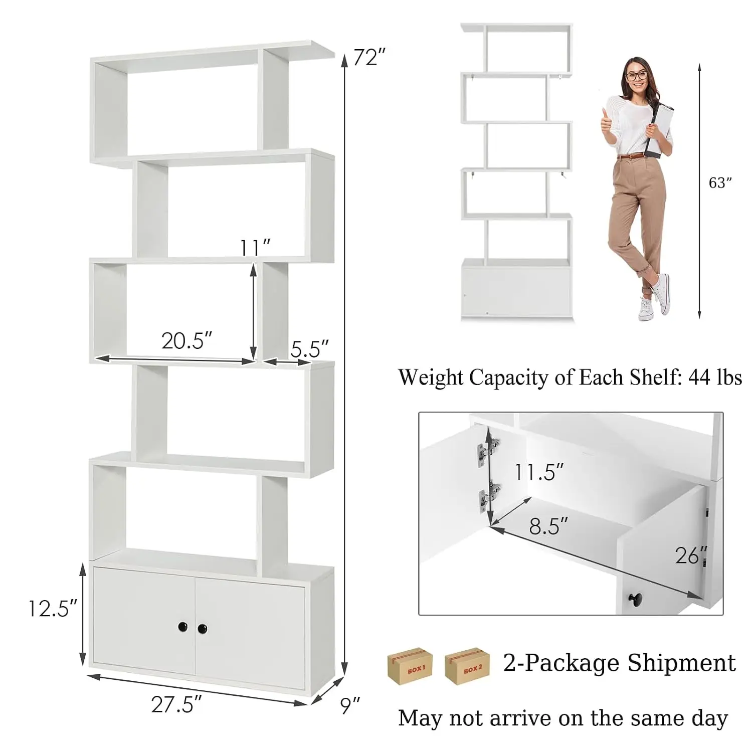 72 Inch S-Shaped Geometric Bookcase Cabinet Freestanding Room Divider Open Display Shelf Bedroom Storage With Doors, Customized