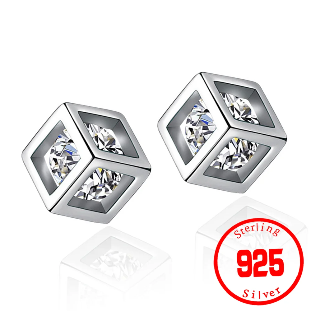 

Sterling Silver Fashion Small White Square Stud Earrings For Women Girl Luxury Clear Zircon Crystal Earring Women Jewelry