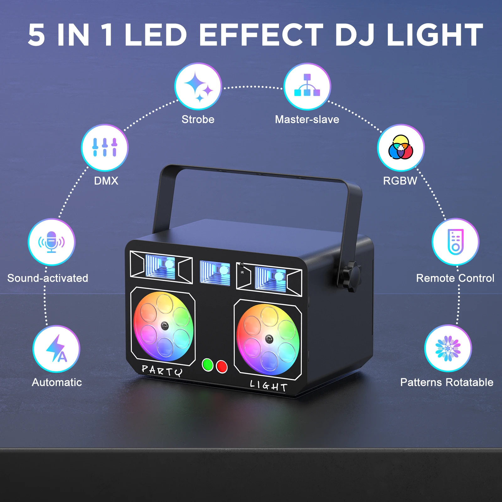 U'King LED-feestlicht met draaibaar patroon 5IN1 gemengd effect podiumlicht UV / witte DJ-stroboscooplichten voor disco DJ-lichtbruiloft