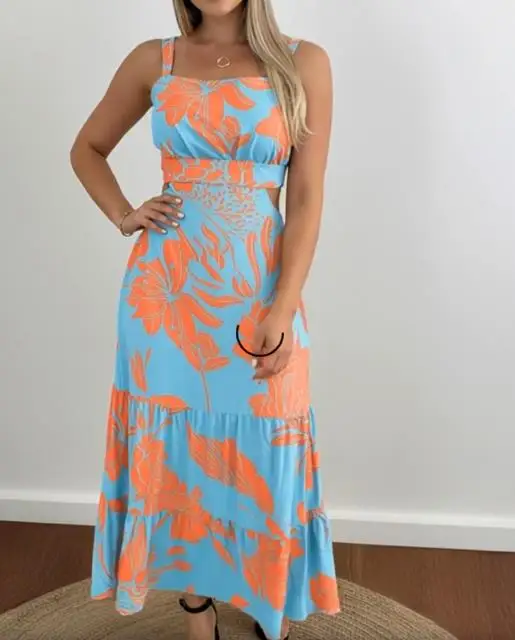 Abiti da donna Stampa floreale Collo quadrato Cinghie regolabili Abito lungo arricciato sul retro Abito da vacanza casual con orlo arricciato in vita