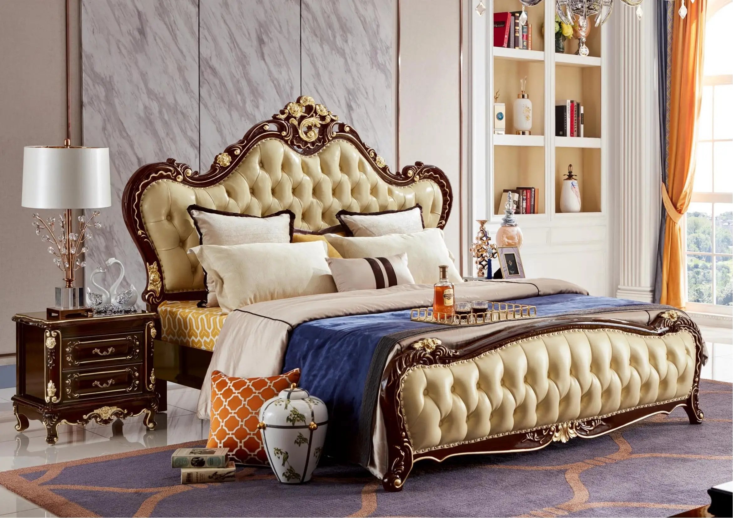#Luxury European Royal French Classic Beech Wood Gold Leaf Italy Fabric Full Bed Antique Bedroom Furniture Set for Apartment