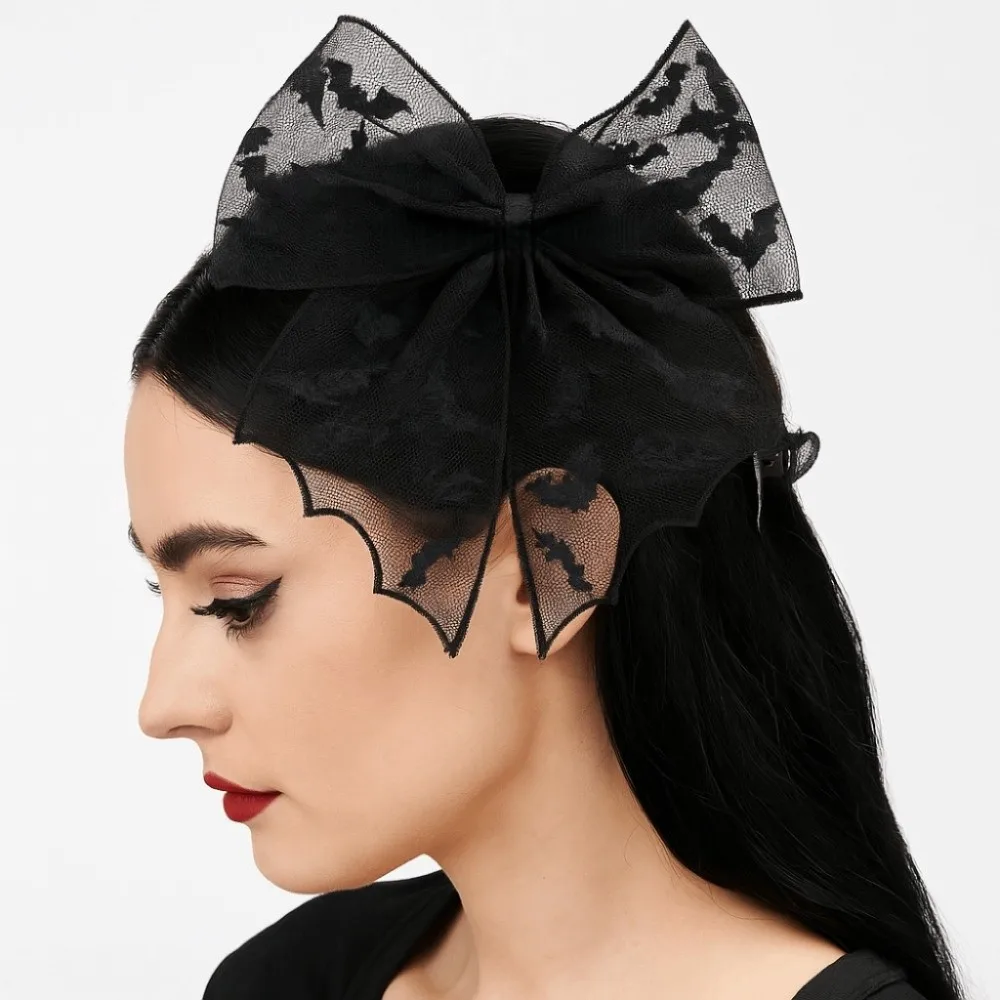 

Creative Star Spider Web Hair Clip Spring Clip Lace Bat Head Veil Black Elegant Halloween Hairpin Wedding