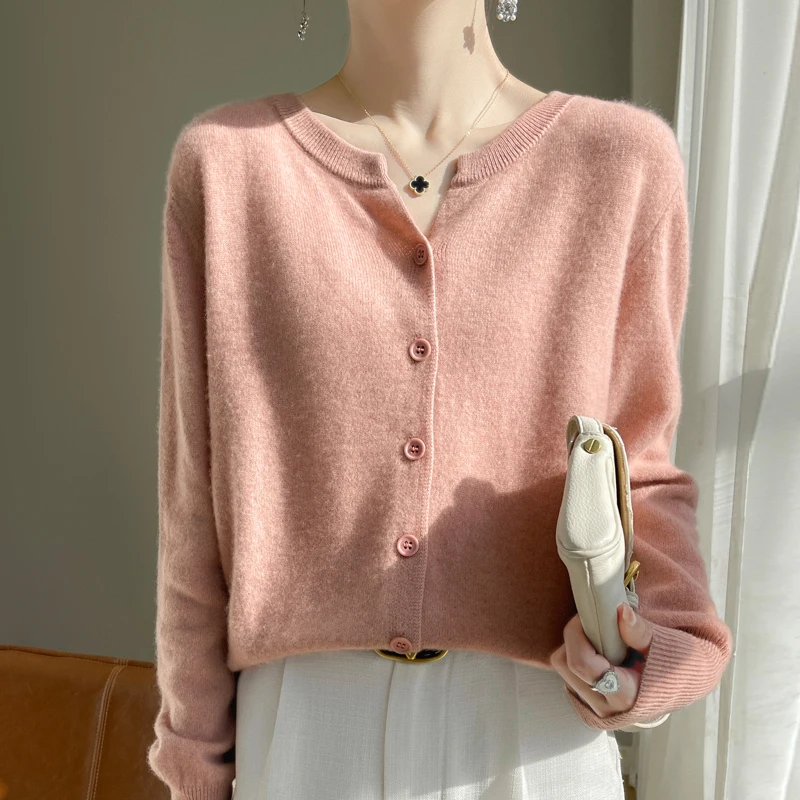 Wool blend knitted cardigan with round V-neck slim fit and solid color jacket button Blouse